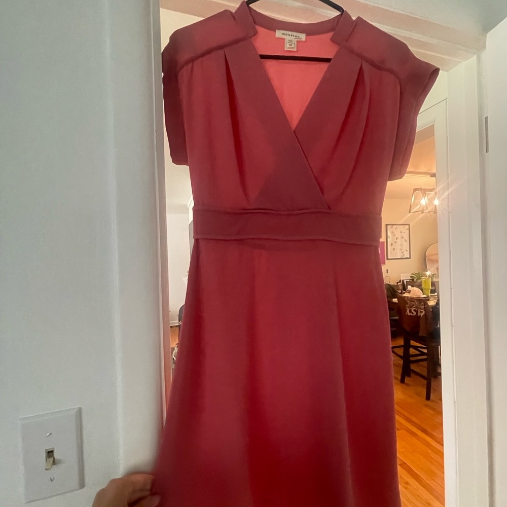 Monteau Red A-line Midi Dress with V-neck Cap Sleeves